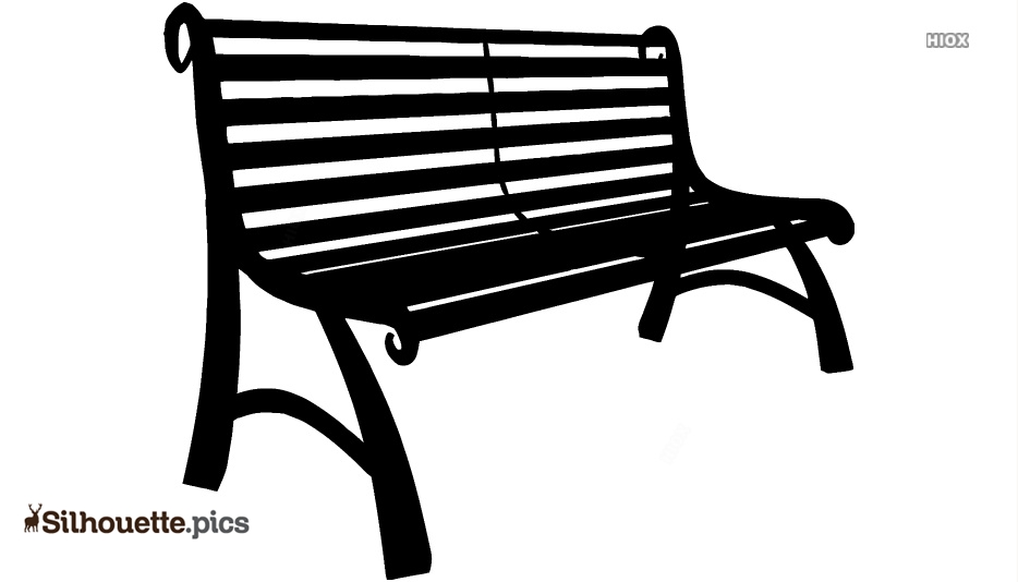 Black silhouette of a classic wrought-iron park bench with slatted back and seat, ornate armrests and curved legs.