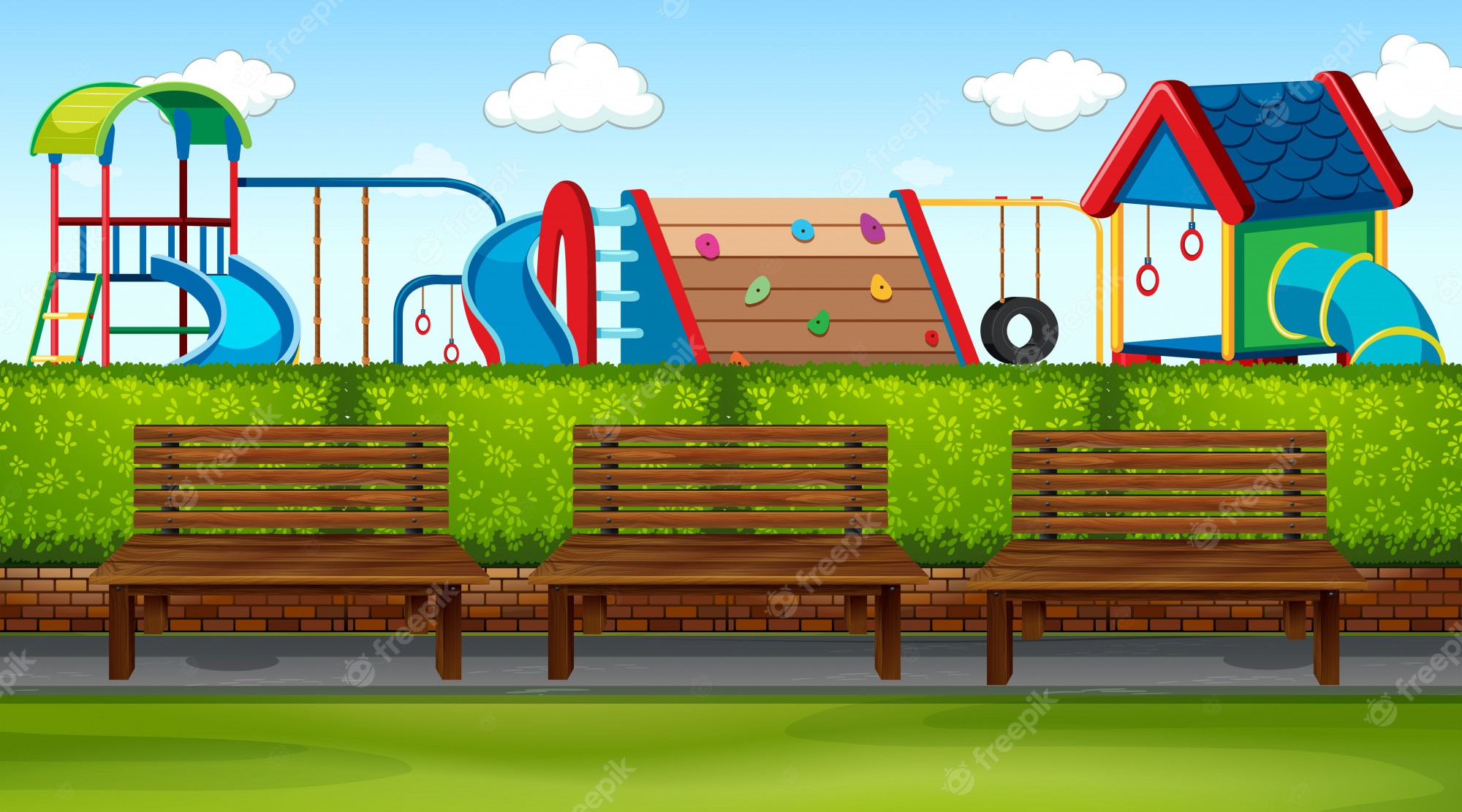 Colorful playground with slides, climbing wall, swings, and benches behind a hedge under a blue sky.