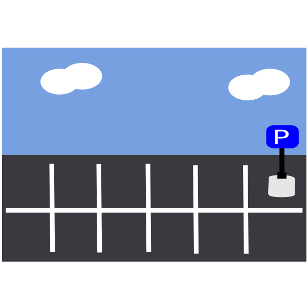 Simple illustration of an empty outdoor parking lot with marked spaces and a blue 'P' sign under a cloudy sky.