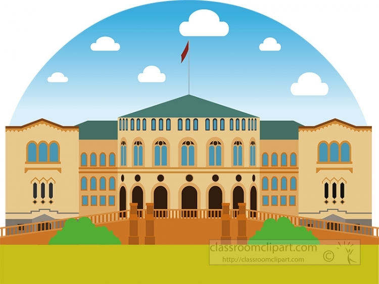 Illustration of a grand beige government-style building with green roof, arched windows, flagpole, and landscaped grounds under blue sky.