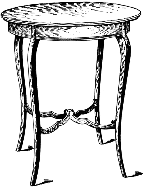 Vintage round wooden side table with ornate cabriole legs and decorative stretcher, black-and-white line drawing.