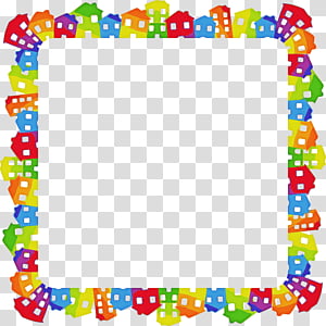 Colorful cartoon house border frame with transparent center for overlay or decoration.
