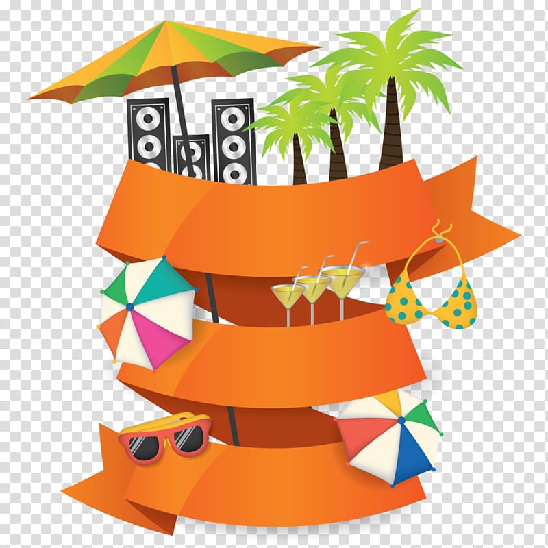 Vibrant tropical beach party collage with umbrellas, palm trees, speakers, cocktails, sunglasses, and bikinis on orange ribbons.