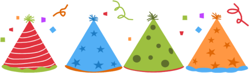 Four colorful party hats with stars, stripes, and polka dots, surrounded by festive confetti and streamers.