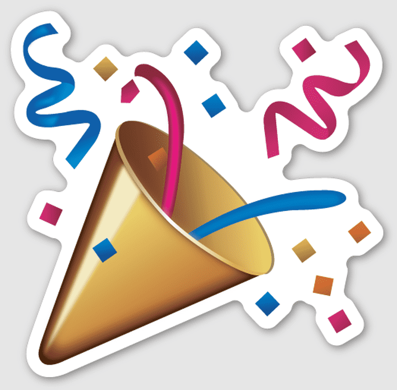 Golden party horn with colorful streamers and confetti, celebrating a festive occasion.