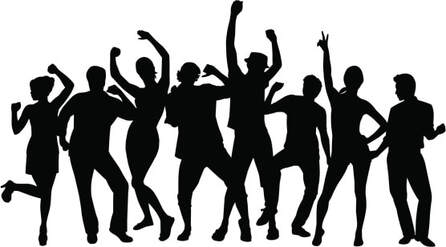 Silhouette of diverse group of people dancing and celebrating joyfully in a party scene.