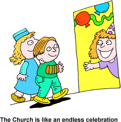 Two children walking toward a joyful figure in a party hat emerging from a yellow banner with balloons.