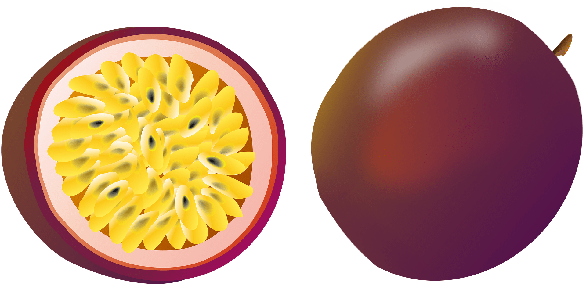 A whole and a halved passion fruit showing its vibrant yellow pulp and black seeds against a green background.