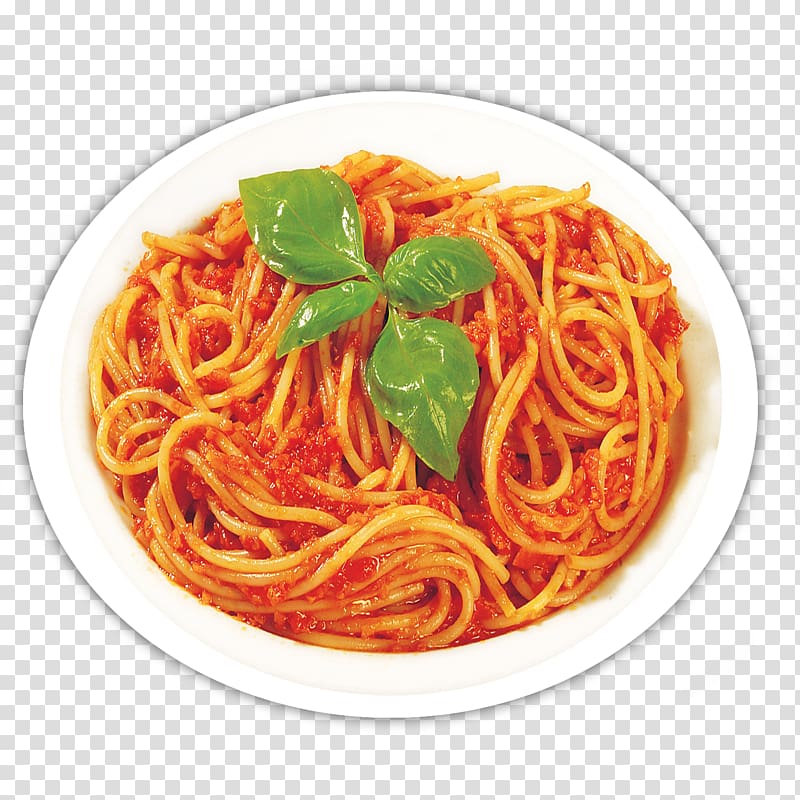 Classic spaghetti with rich tomato sauce and fresh basil leaves on a white plate.