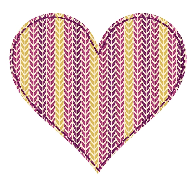 Knitted heart pattern in purple, magenta, and gold with visible stitch lines and border.