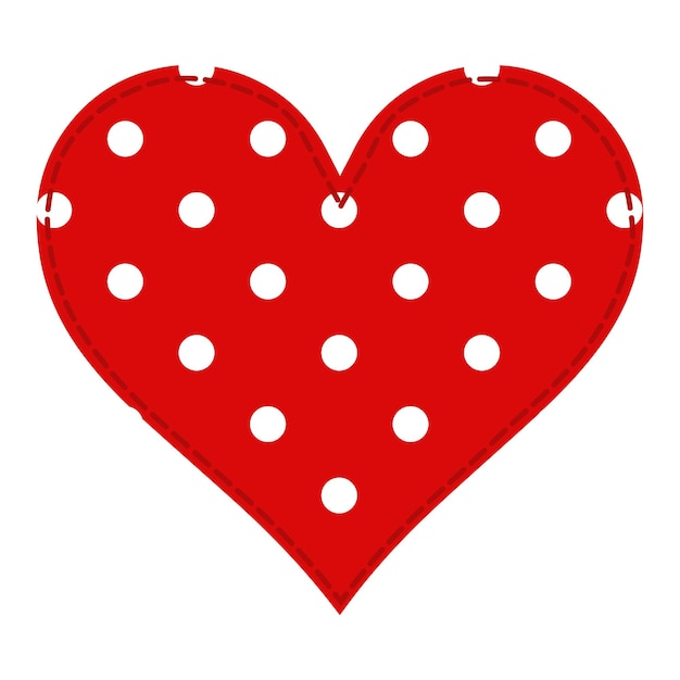 Red heart with white polka dots and dashed stitched border, vector-style illustration.