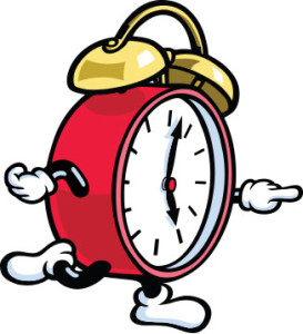 Animated red alarm clock with arms, legs, and golden bells, showing time around 5:05.