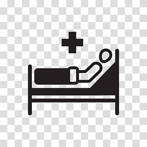 Person lying in a hospital bed with a medical cross icon above, symbolizing healthcare or patient care.