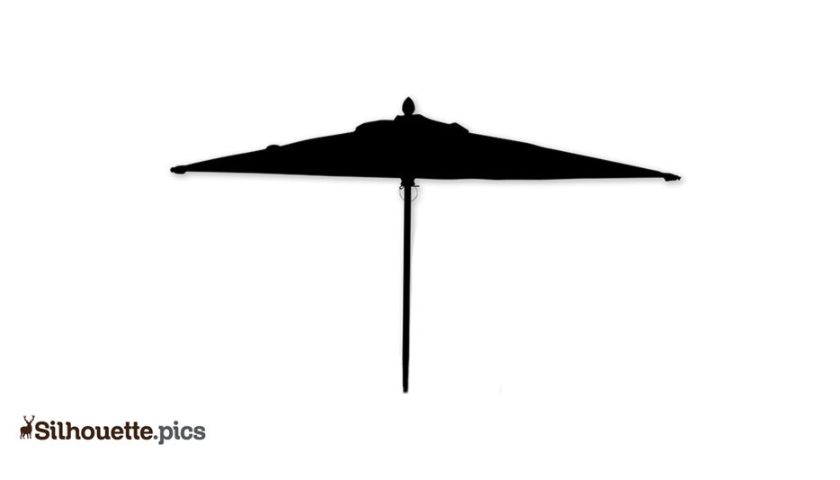Black silhouette of a patio umbrella with central pole and canopy against white background.