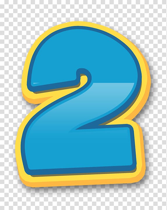 Bright blue cartoon-style number 2 with a thick yellow outline and glossy 3D effect on transparent background.