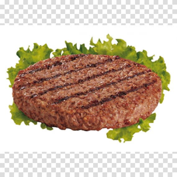 Grilled beef patty with char marks, served on fresh green lettuce leaves.