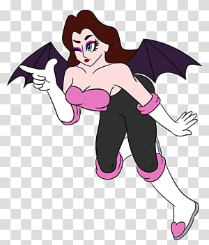 Animated female vampire character with bat wings, pink top, black pants, and heart-tipped boots pointing forward.