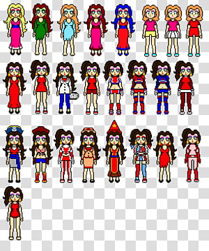Collection of 28 pixel-art female characters in diverse outfits and hairstyles, arranged in rows on transparent background.