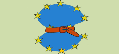 European Union flag stylized as a figure-eight with an orange belt cinching the center, symbolizing unity or constraint.