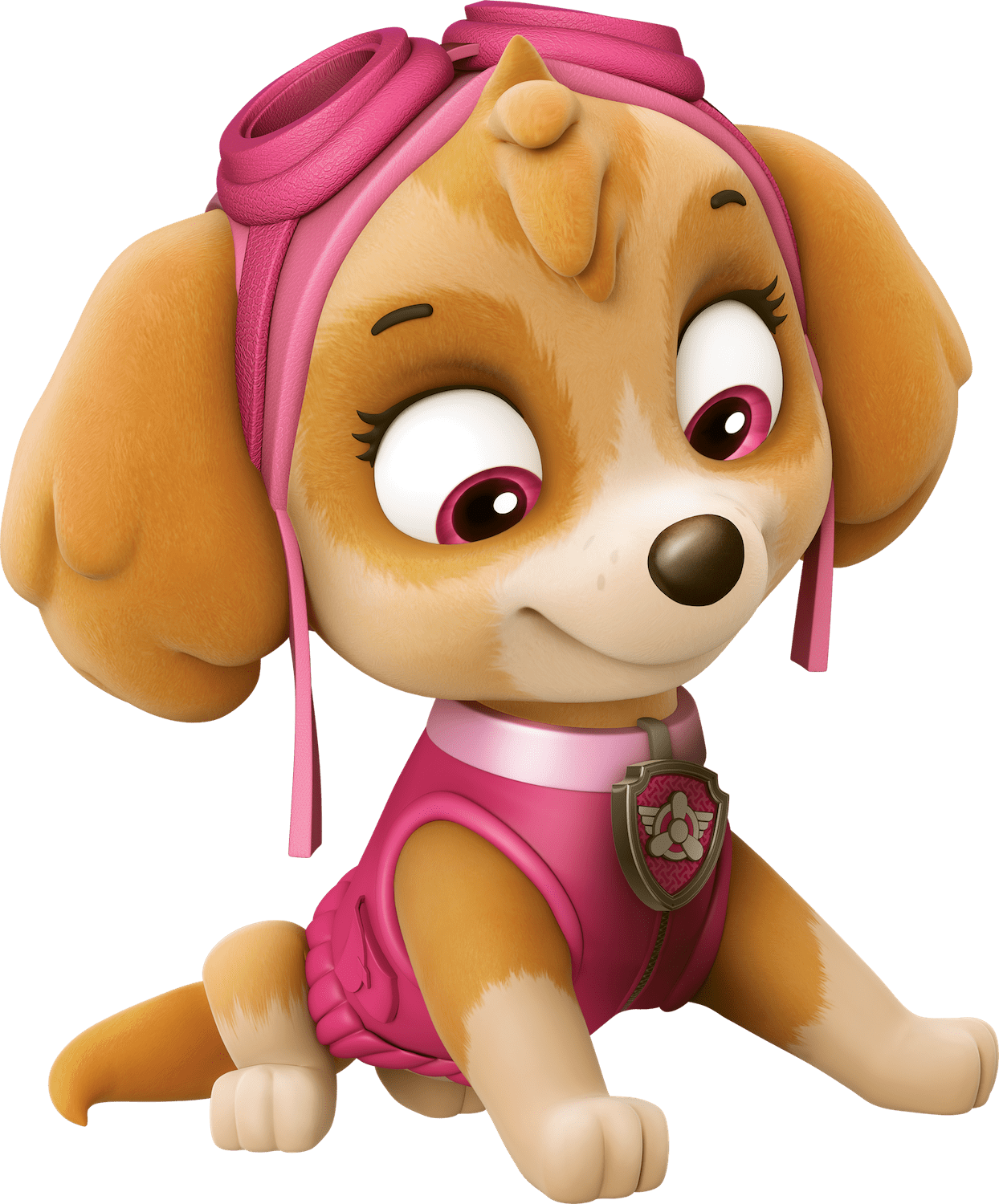 Skye from Paw Patrol in pink flight gear, crouching with a playful expression and large expressive eyes.