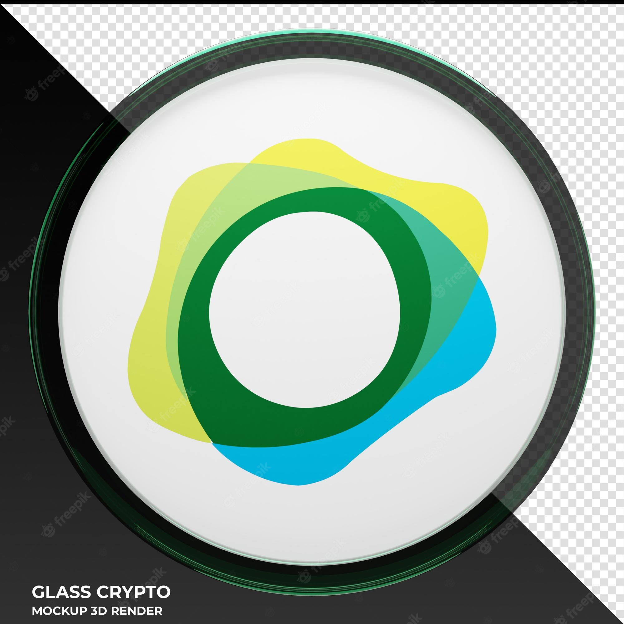 Glass crypto logo mockup 3D render with green, yellow, and blue abstract shapes under magnifying lens effect.