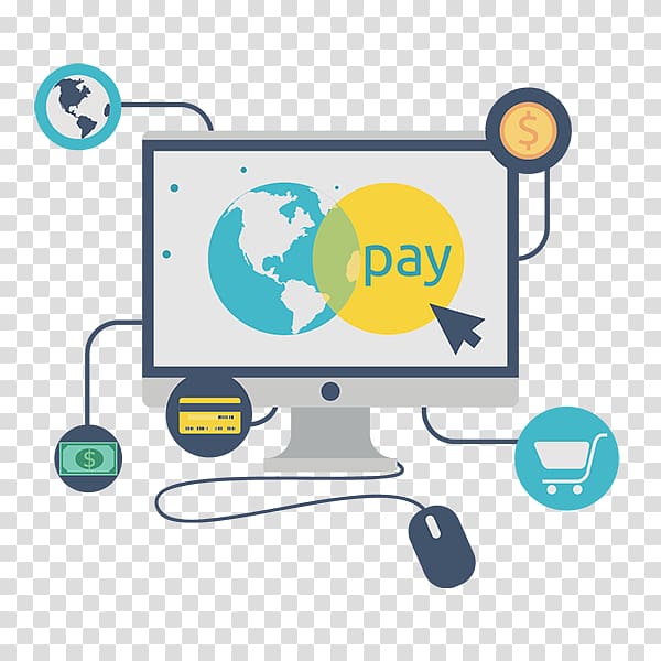 Online payment system illustration showing global transactions, credit card, shopping cart, and currency icons connected to a computer screen.