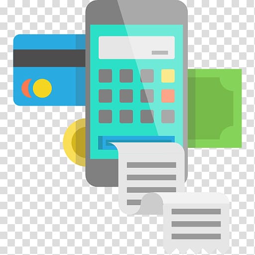 Smartphone with calculator app surrounded by credit card, coin, banknote, and receipts-digital payment and budgeting concept.