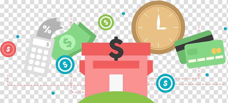 Illustration of financial tools including piggy bank, calculator, credit cards, clock, and money symbols on transparent background.