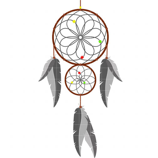 Traditional dreamcatcher with two woven rings, floral patterns, colorful beads, and gray feathers hanging below.