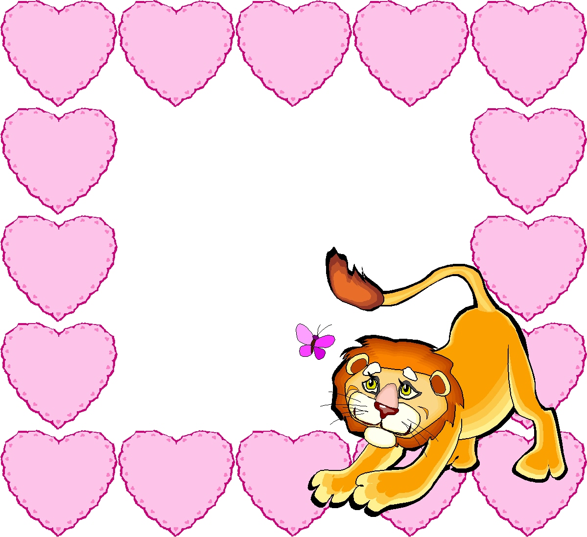 Cartoon lion playfully stretching near pink hearts and a butterfly, framed by heart-shaped border.