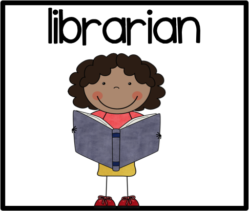 Smiling child with curly hair reading a book, labeled "librarian"