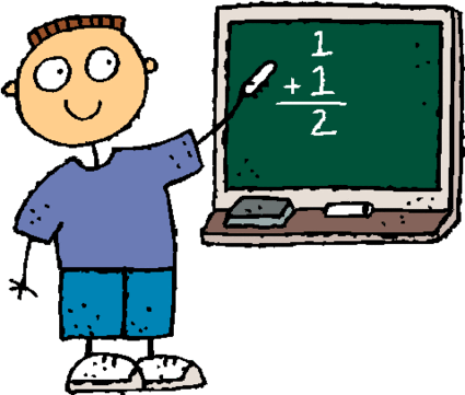 A cartoon boy in a blue shirt and shorts points to a chalkboard showing the math problem 1/2 + 1/2.