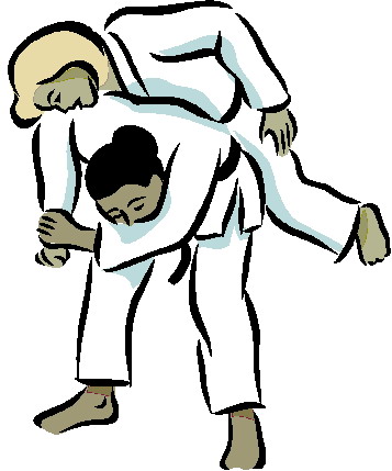 Two martial artists in white gi practicing a judo throw, one lifting the other off the ground.