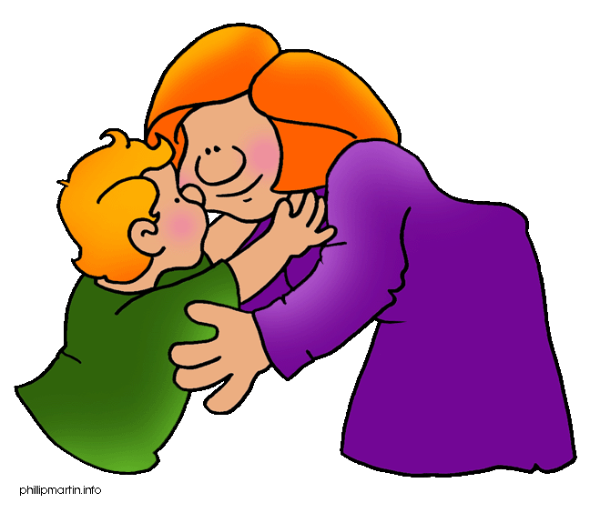 A smiling woman with orange hair hugs and kisses a young child with orange hair wearing a green shirt.
