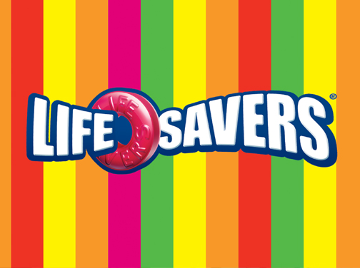 Life Savers candy logo with colorful striped background and iconic ring-shaped candy replacing the 'O'.