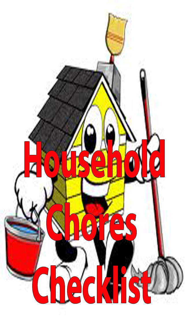 Cheerful cartoon house holding cleaning tools with "Household Chores Checklist" text overlay.