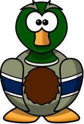 Green cartoon duck in a gray sports jersey with blue and white stripes, holding a brown ball.