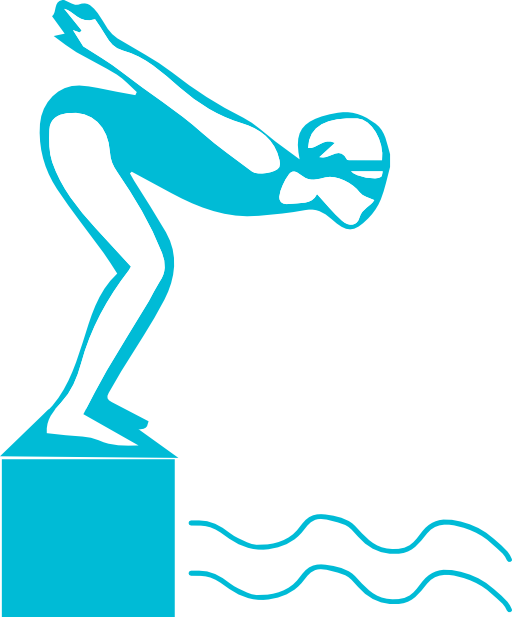 Stylized turquoise swimmer diving from a starting block into water, minimalist vector illustration.