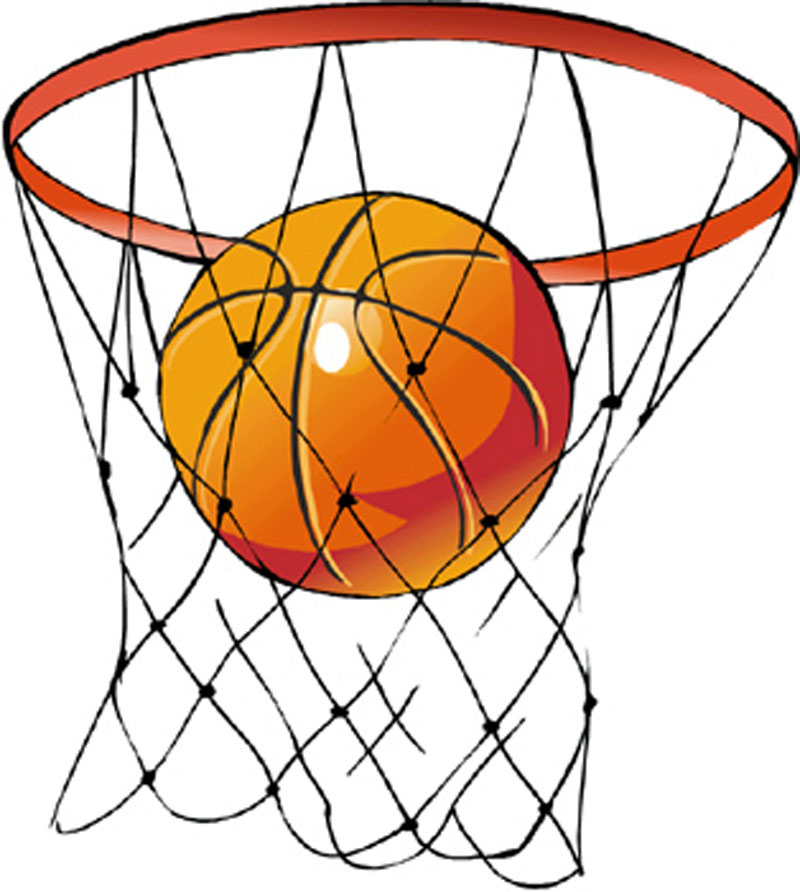 Orange basketball passing through a red hoop with net, cartoon-style illustration.