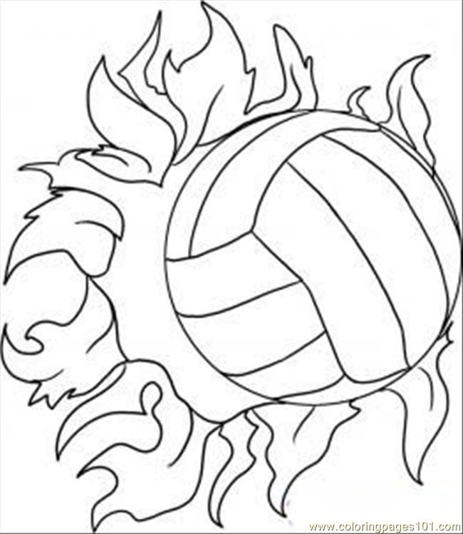 Volleyball surrounded by stylized flames in black-and-white line art for coloring.