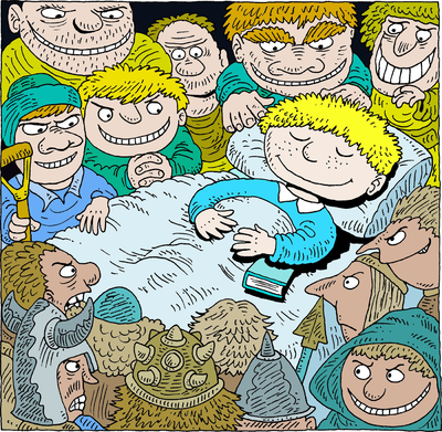 A smiling blond boy lies peacefully in bed surrounded by a crowd of grinning, exaggerated cartoon characters.