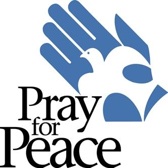 Blue hand cradling a white dove with text "Pray for Peace" below.