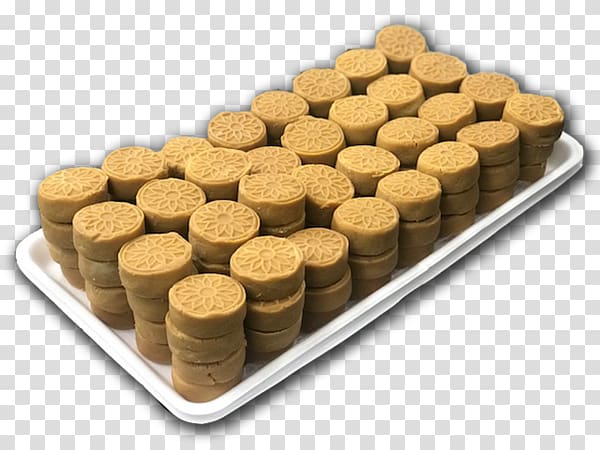 Golden-brown flower-embossed shortbread cookies neatly stacked on a white rectangular tray against transparent background.