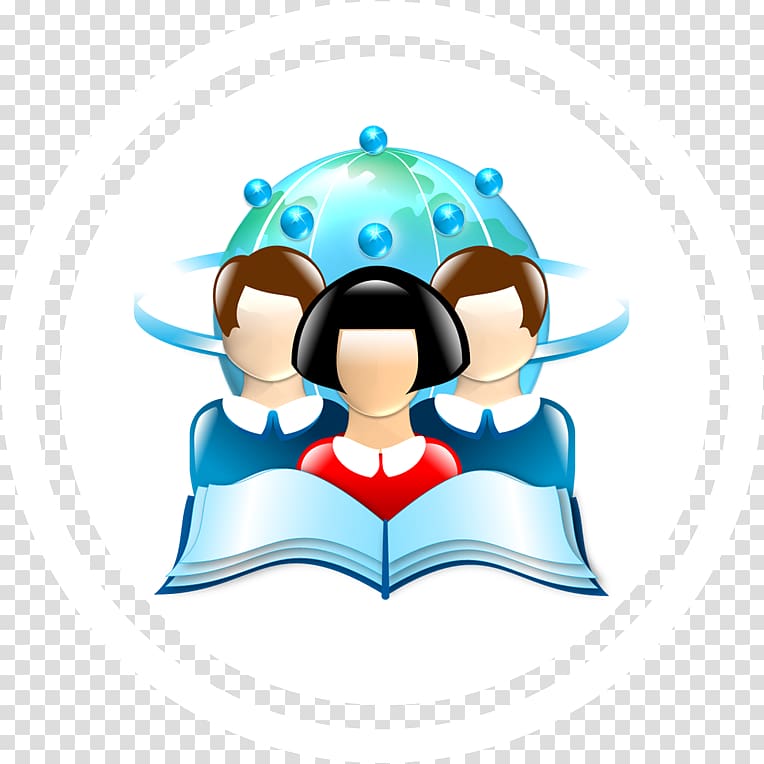 Three stylized people reading a book with a globe and network nodes above, symbolizing global education and collaboration.