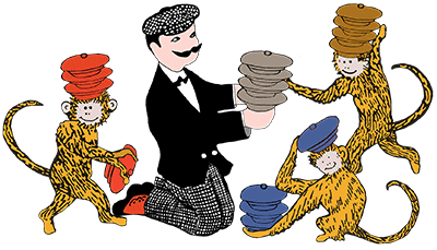 A vintage-style illustration of a mustachioed waiter in a checkered suit serving plates to three monkeys balancing cookware on their heads.