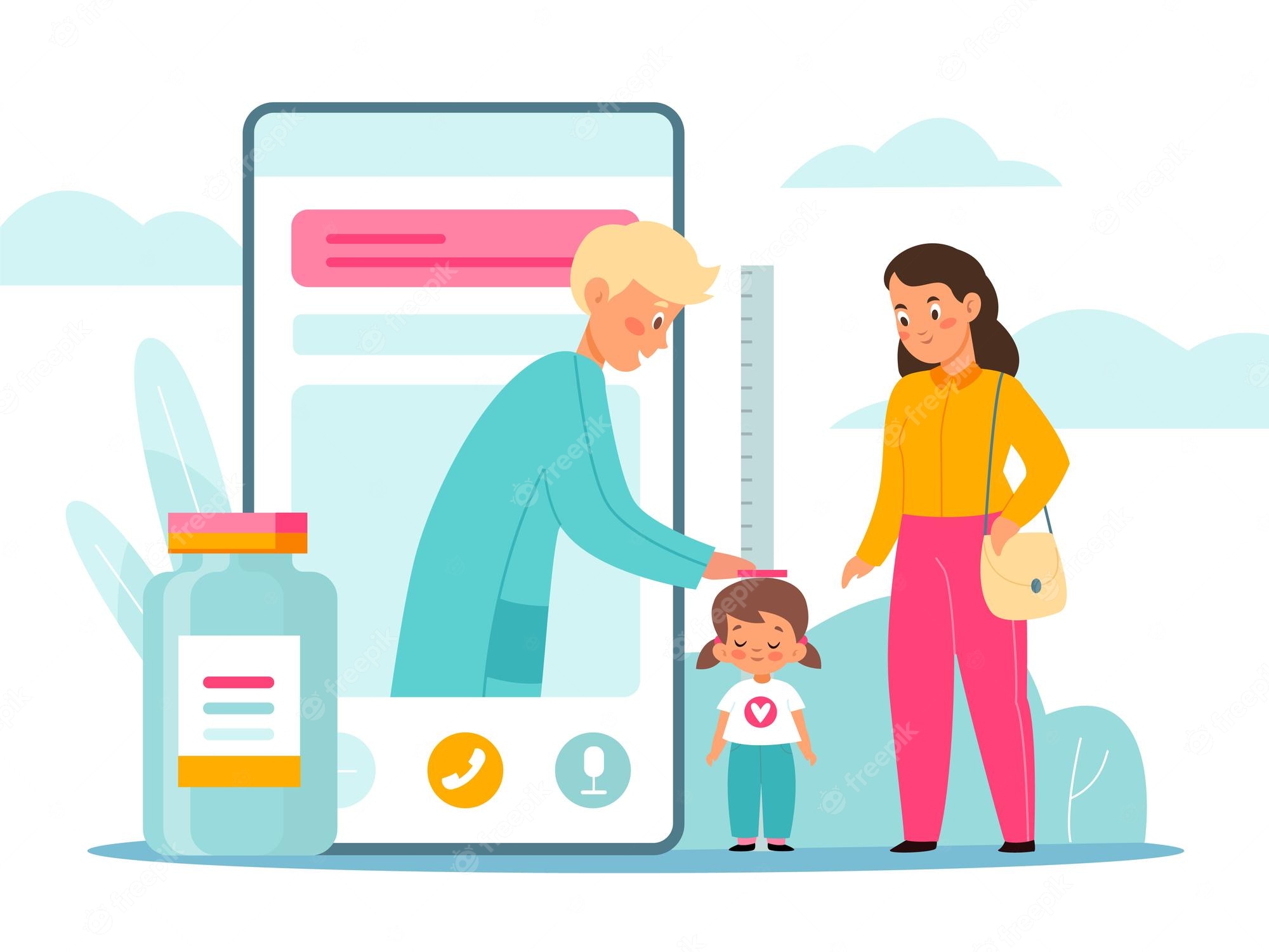A mother and child consult a doctor via smartphone video call, with medicine bottle and height chart nearby.