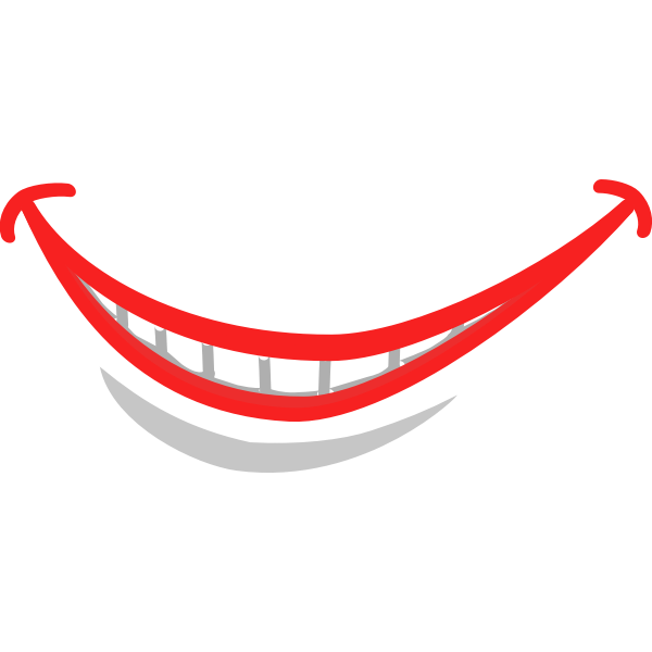 A stylized red smiling mouth with white teeth and a gray tongue on a black background.