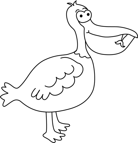 Cartoon pelican with large beak holding a small fish, standing upright and smiling.