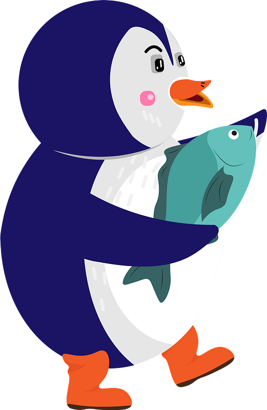 A cheerful cartoon penguin in orange boots holds a teal fish, smiling with rosy cheeks and expressive eyes.