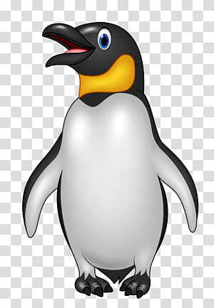 Cartoon emperor penguin with open beak, yellow neck patch, and expressive blue eyes on transparent background.